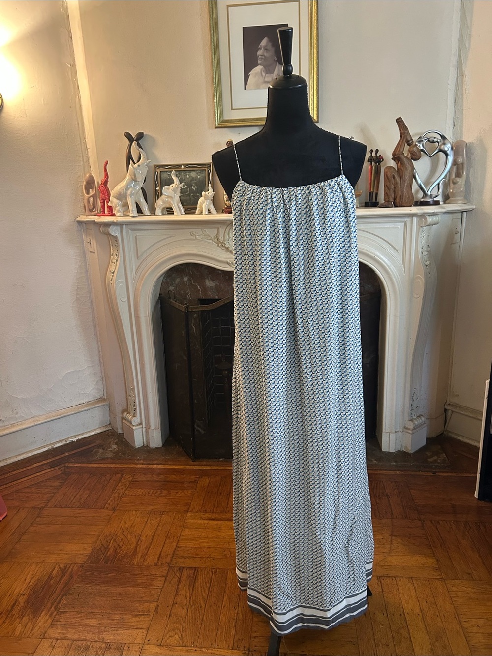 Vince Blue and White Patterned Spaghetti-Strap Maxi Dress